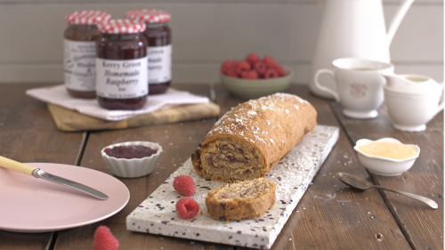 Coconut and raspberry jam roulade