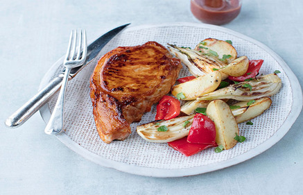 Oven Baked Pork Chops with Potatoes, Fennel and Red Peppers