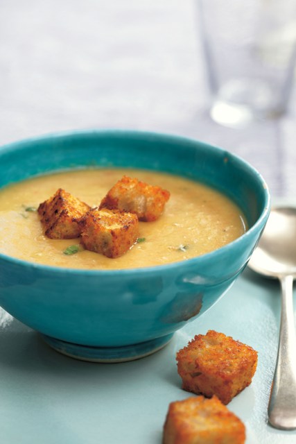 Lentil soup, harissa croutons