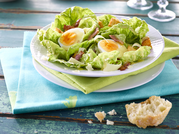 Caesar Salad with Soft Boiled Eggs and Bacon