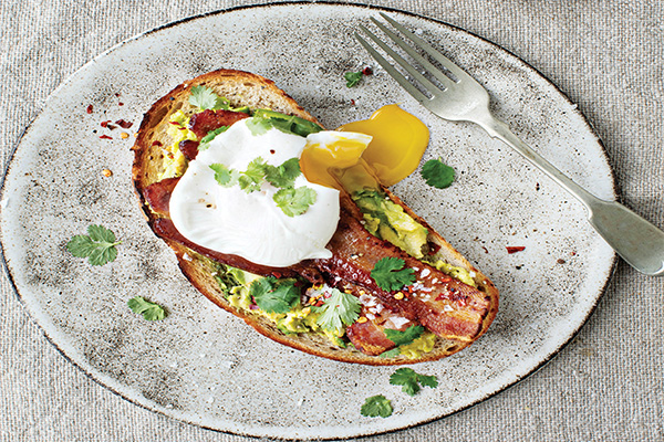 Poached Eggs, Bacon and Avocados on Toast