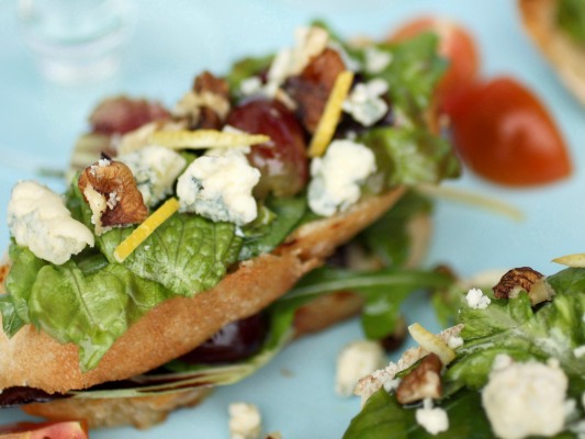 Cashel blue, walnut and grape bruschetta salad