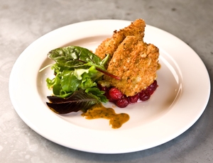 Deep fried brie sage and nut crust with cranberry compote