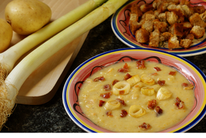 Leek and potato soup with bacon and cheddar