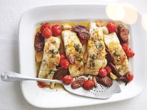 Paprika baked fish with chorizo, lemon and thyme