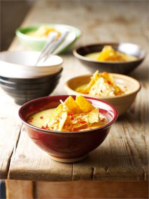 Sweetcorn chowder with toasted tortillas