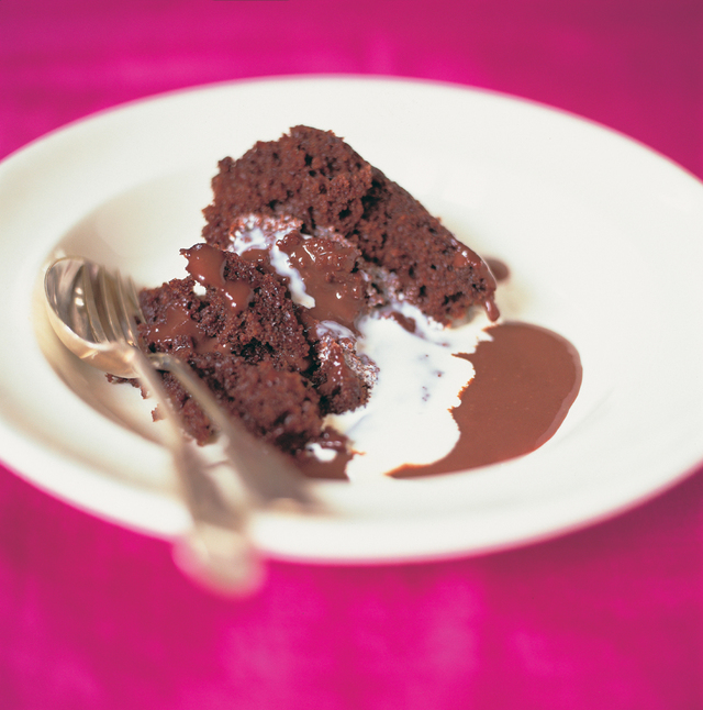 Old fashioned hot chocolate pudding with chocolate custard