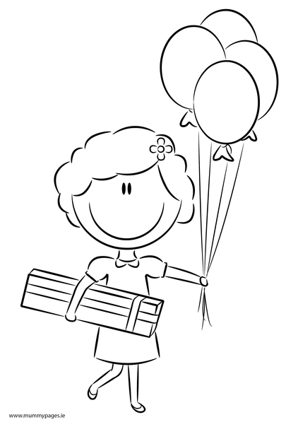 Girl with presents and balloons Colouring Page