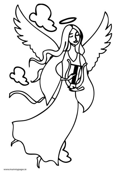 Christmas angel with harp Colouring Page