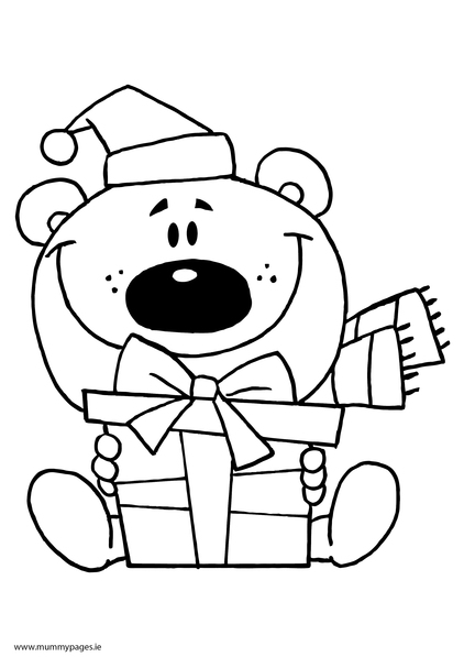 Christmas bear with gift Colouring Page