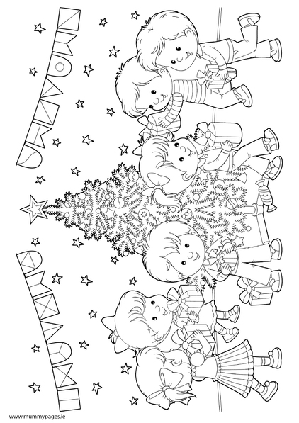 Christmas scene with children and presents Colouring Page