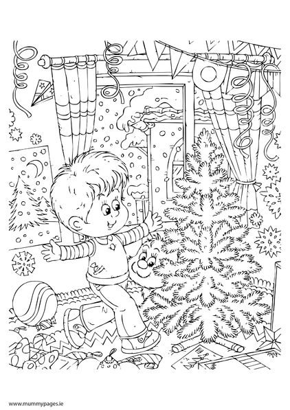 Christmas tree being decorated Colouring Page