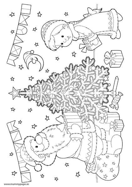 Christmas tree with Santa and little girl Colouring Page