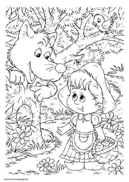 Little Red Riding Hood with the big bad wolf Colouring Page