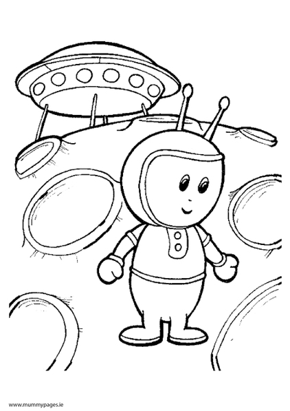 Space alien and flying saucer Colouring Page