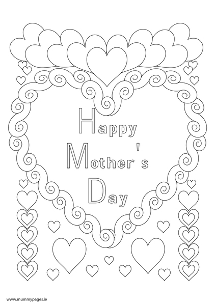 Happy Mothers Day with love hearts Colouring Page
