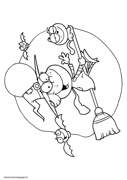 Friendly witch flying on broomstick Colouring Page