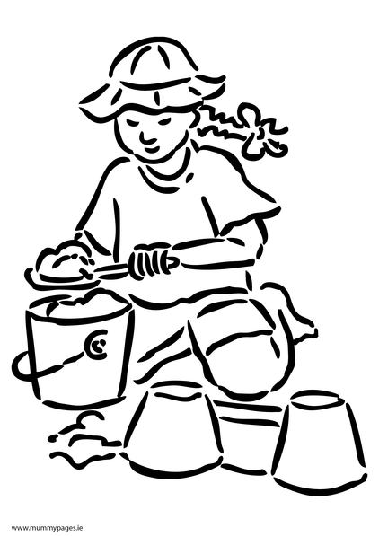Girl building sandcastle Colouring Page