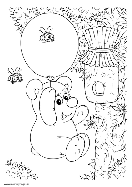 Summer scene with honey bear Colouring Page
