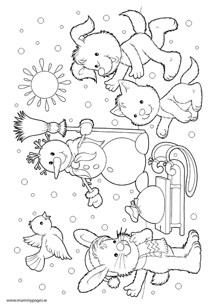 Animals playing in snow Colouring Page 