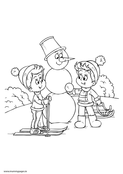 Boys building snowman Colouring Page
