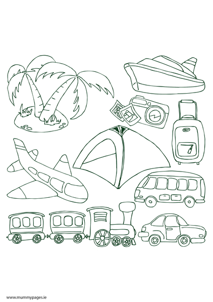 Transport - plane, train, car, bus and boat Colouring Page