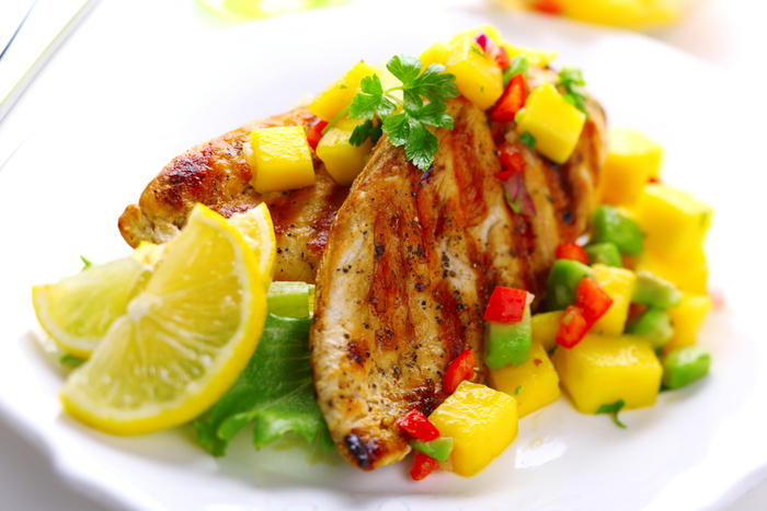 Pan fried chicken with mango salsa