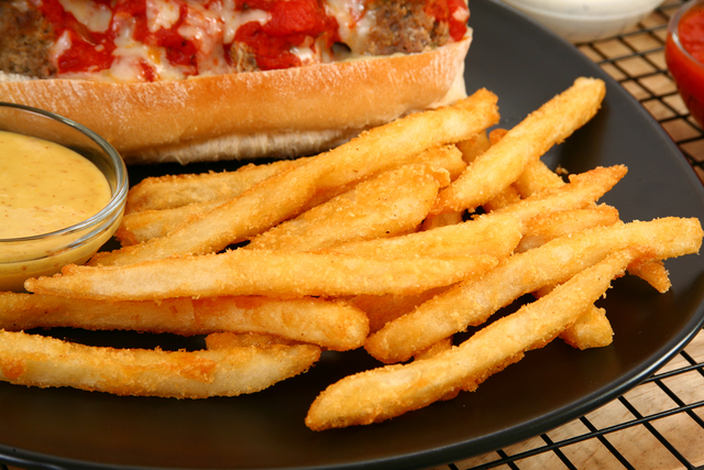 Meatball sub with shoestring fries