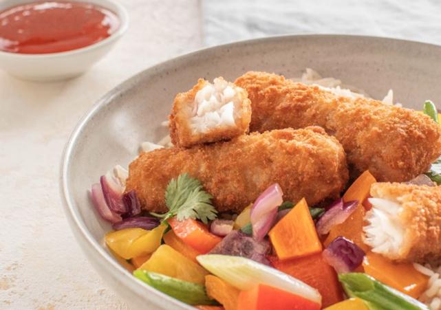 Simple family recipes with Donegal Catch: Fish Sticks with Stir Fried Vegetables, Rice & Sweet & Sour