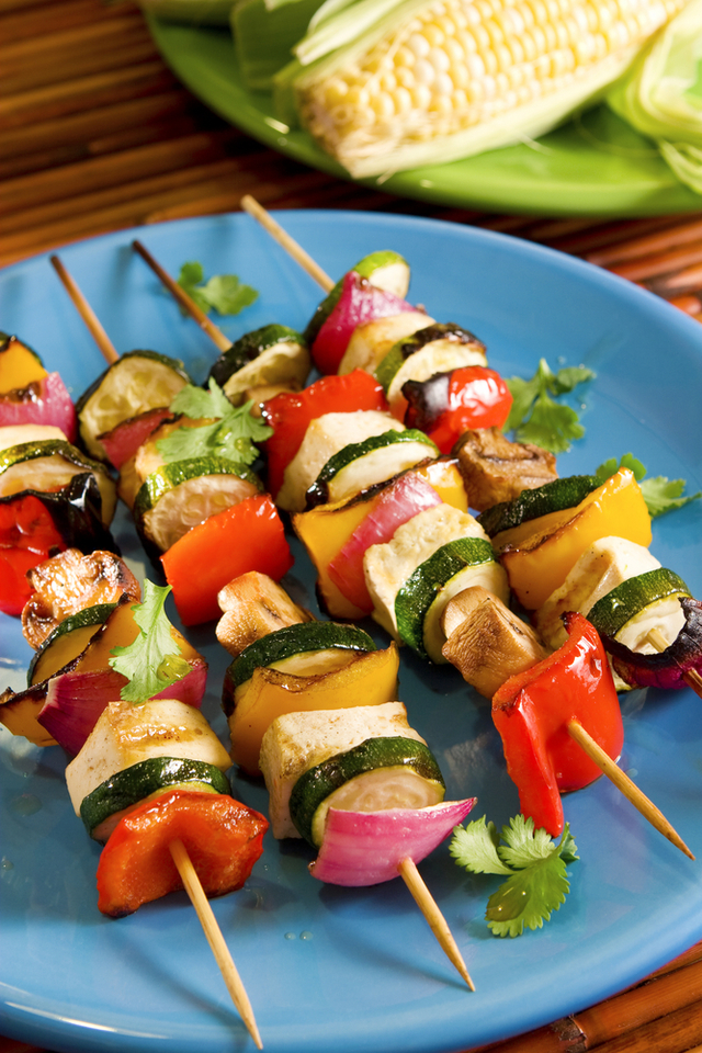 Griddled glazed vegetable kebabs