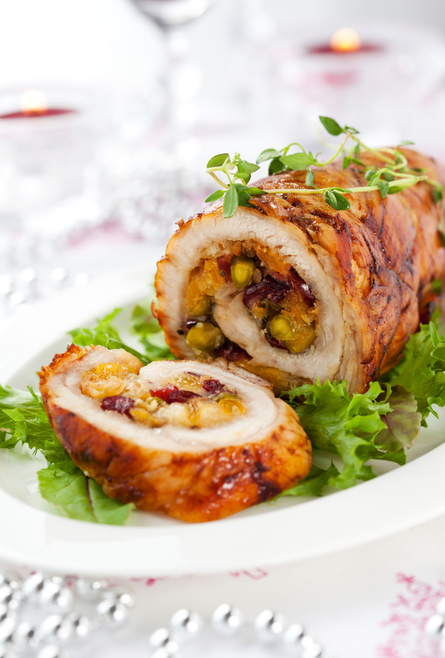 Turkey breast stuffed with apricots, cranberries and pistachio