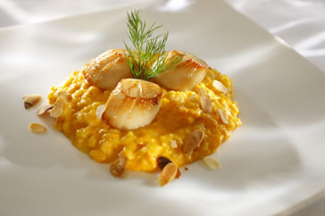 Seared scallops, butternut squash risotto, toasted almonds