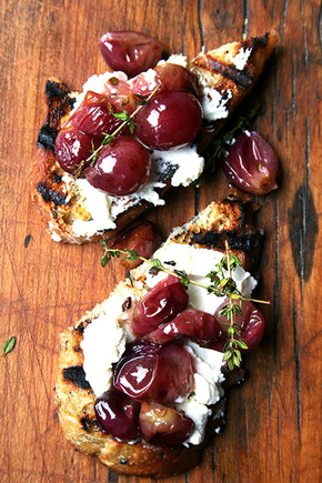 Thyme-roasted grapes with fresh ricotta and grilled bread