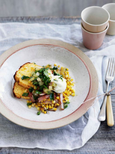 Poached egg with cornbread, corn and bacon hash and green tomato relish