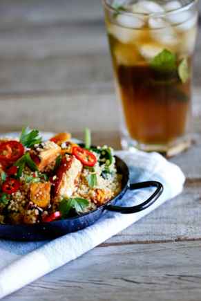 Whole-wheat Couscous salad with haloumi and roasted sweet potato
