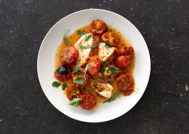 Chicken with herb roasted tomatoes and pan sauce