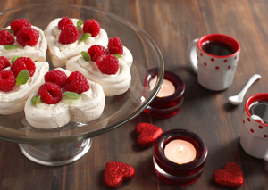 Pavlova hearts with raspberries & Chantilly cream