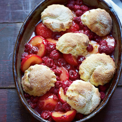 Plum and raspberry cobbler