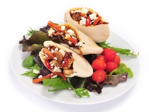 Warm pitta with Denny deli style roast turkey, roasted peppers and feta