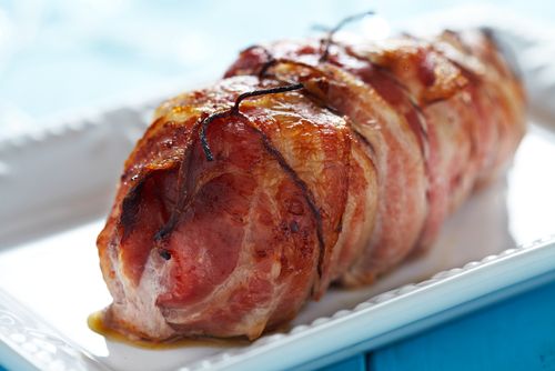 Stilton-stuffed pork fillet with bacon