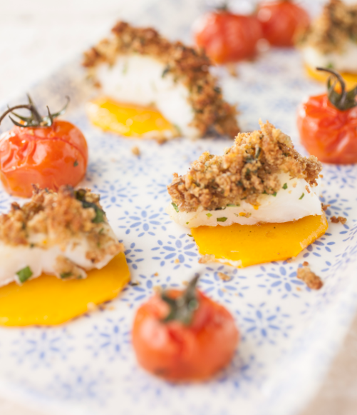 Herb crusted cod fillets with butternut squash