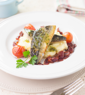 Pan fried mackerel with mash and tomato stew