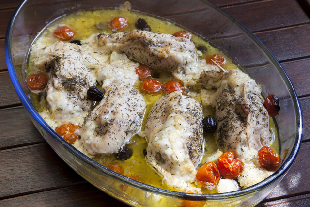 Winter chicken with pesto, black olives and cherry tomatoes