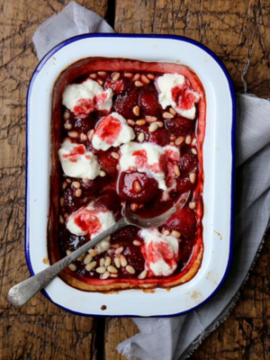 Baked balsamic strawberries with pine nuts and cashew cream