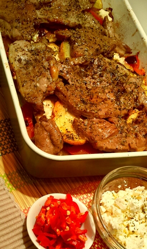 Greek inspired lamb with potatoes & olives