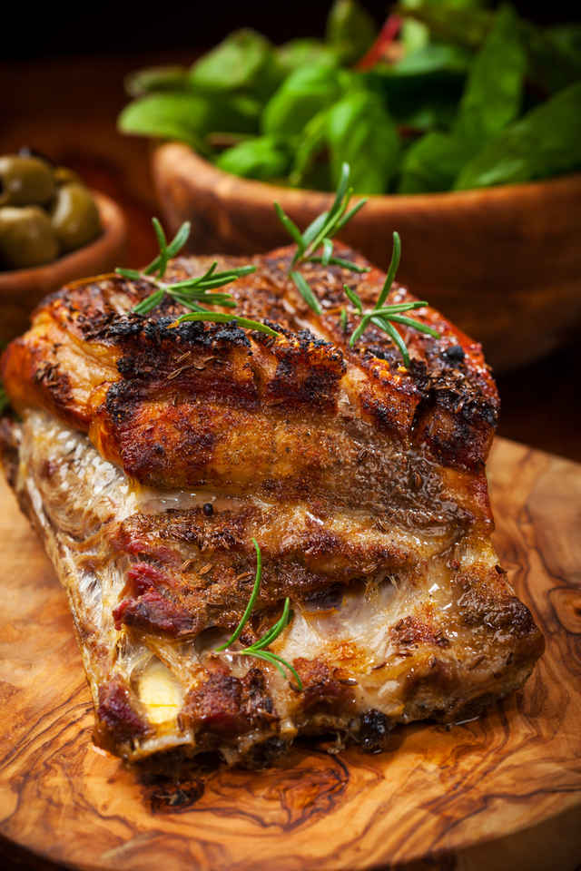 Pork belly with pear and celeriac mash