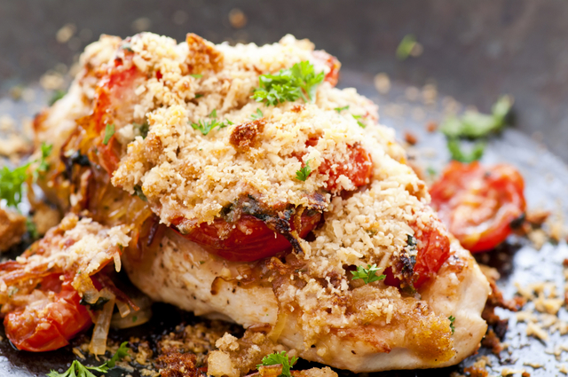 Baked chicken and goat's cheese with cherry tomatoes