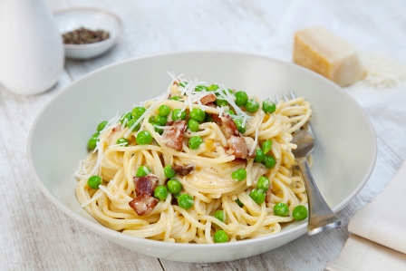 Pasta Carbonara with Peas and Bacon