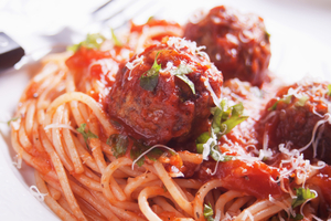 Spaghetti and meatballs with secret vegetable sauce