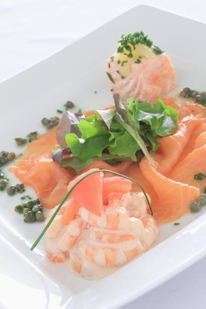 Salmon and prawns with herb aioli